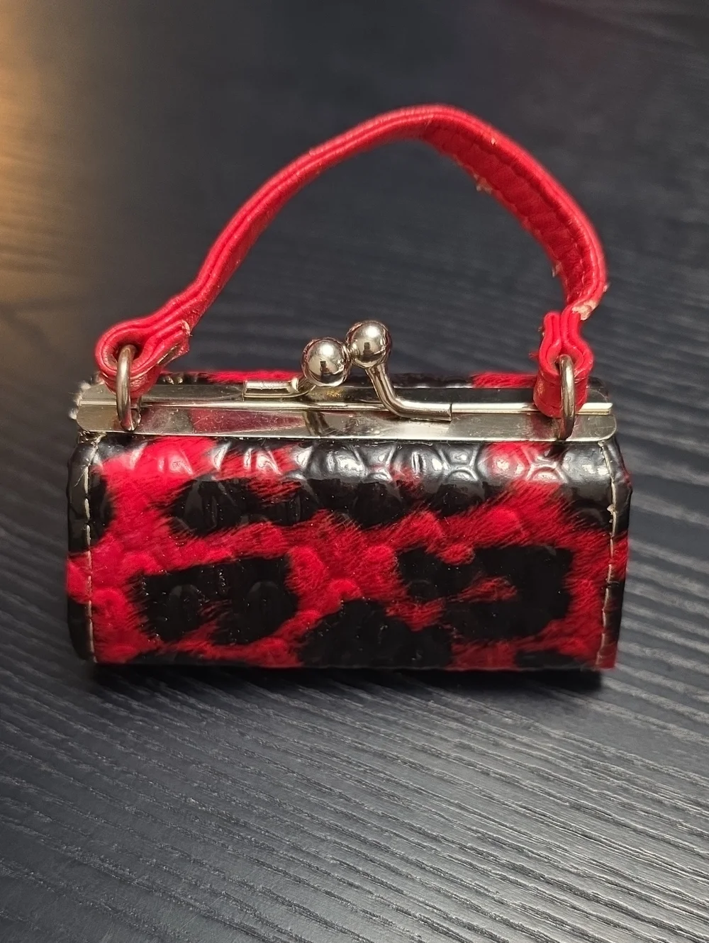 Red and Black Leopard Mini Lipstick Bag, Used